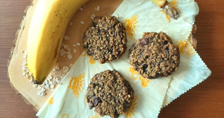 Banana Chocolate Chip Cookies with a banana on bees wax wrap