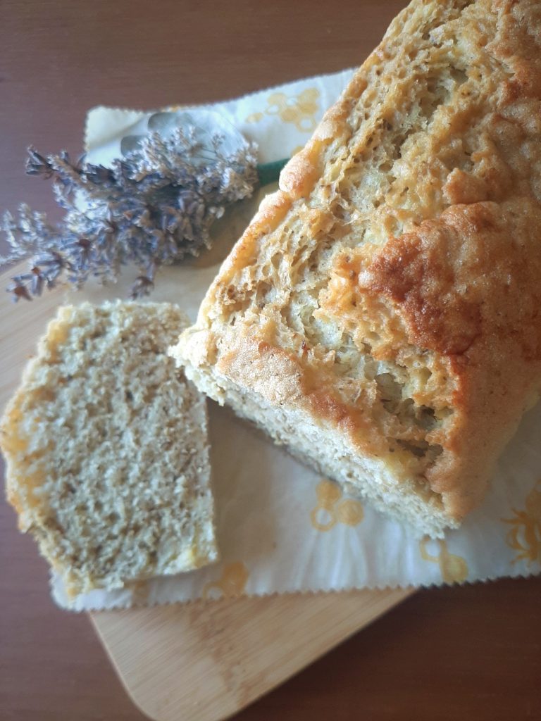 Rosemary Mung bean bread showing crumb cross-section of a cut slice