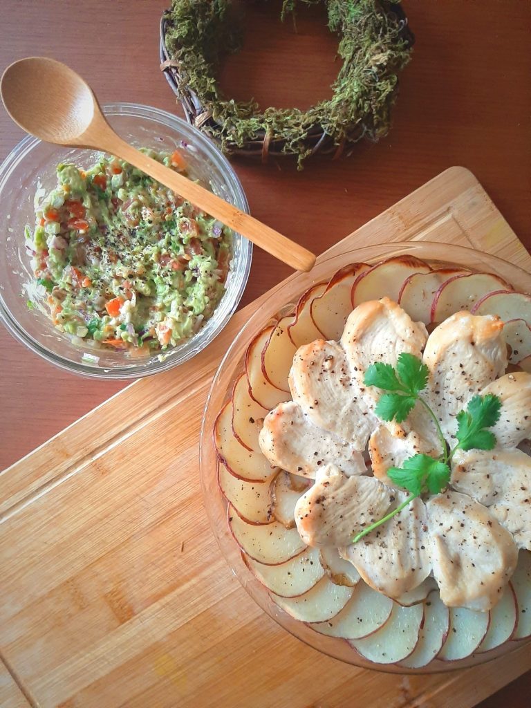 Top view of open face chicken taco bake with guacamole