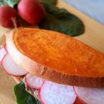 Roast beef sandwich in sweet potato bun