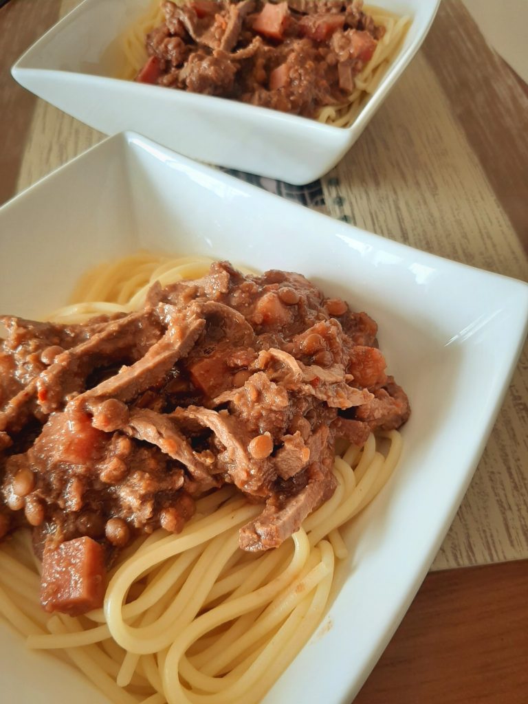 Leftover Roast Beef spaghetti with lentils