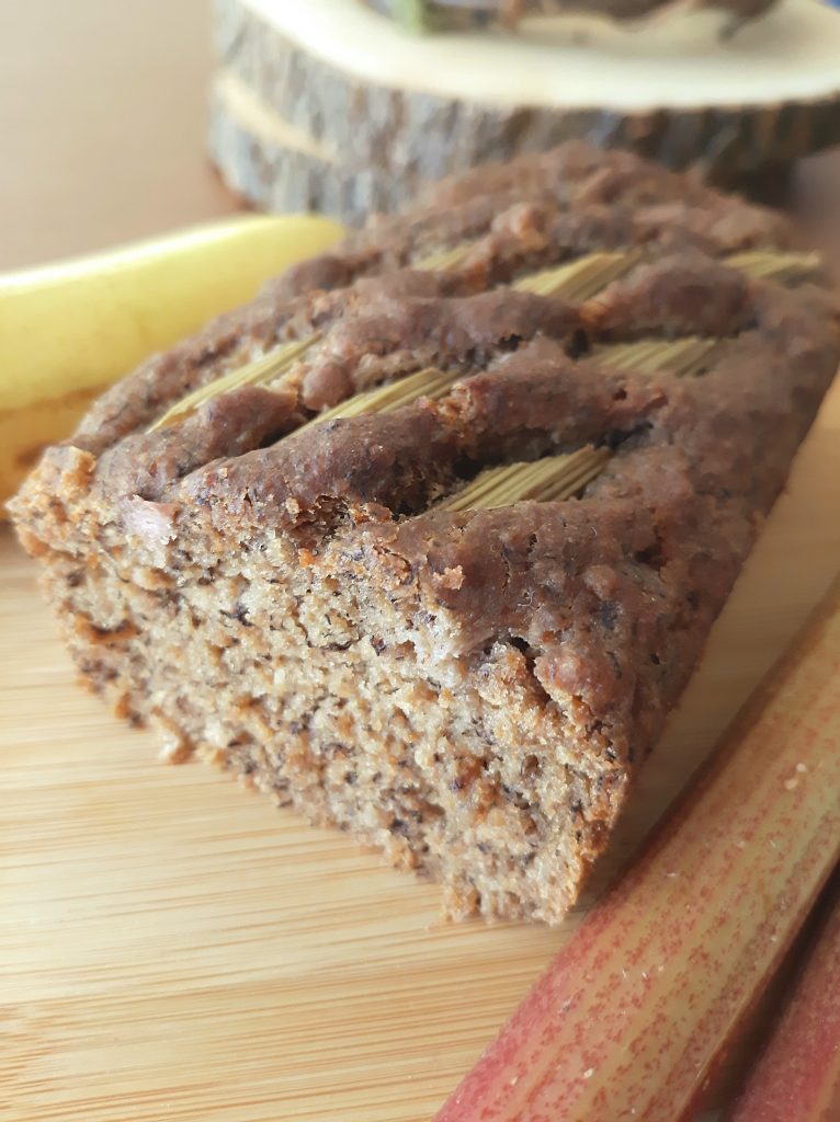 Rhubarb banana bread top view with muffins