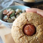 Gluten-free Corn dog muffin top view with potato lentil stew in the background