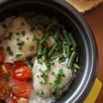 One-pot rice cooker chicken rice with veggies top view