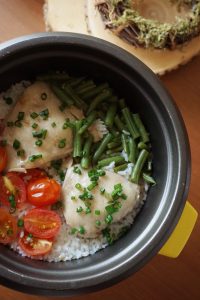 One-pot rice cooker chicken rice with veggies top view