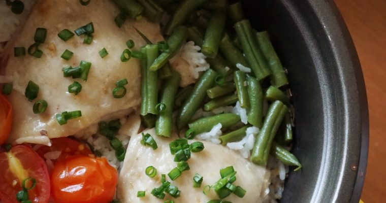 One-pot rice cooker chicken rice with veggies top view