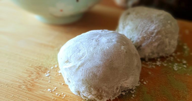 Matcha Mochi with Adzzuki Bean filling at an angle