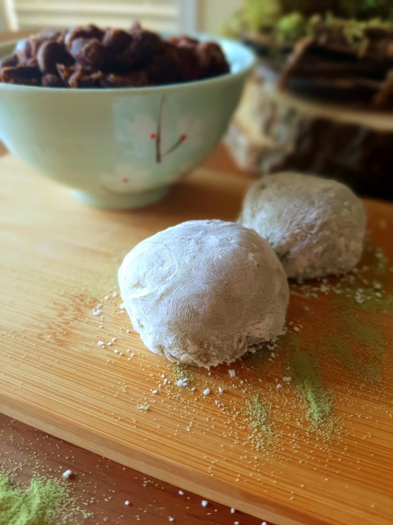 Matcha Mochi with Adzzuki Bean filling at an angle