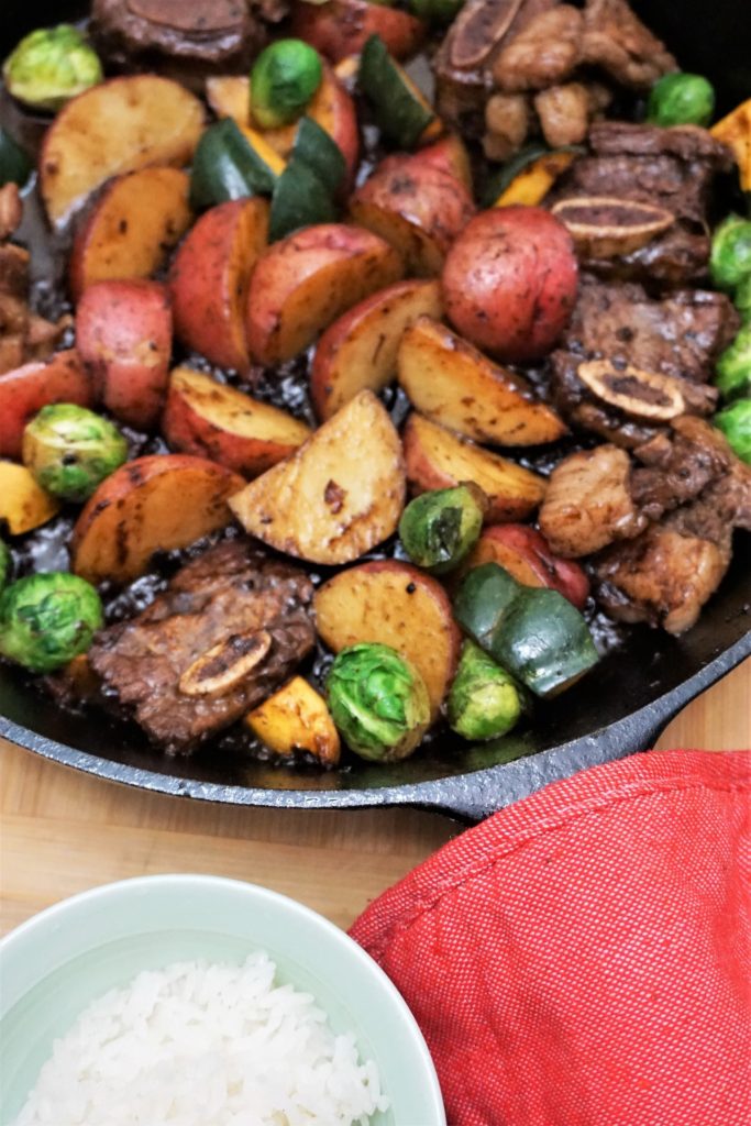 Beef Kalbi skillet with potatoes and brussel sprouts