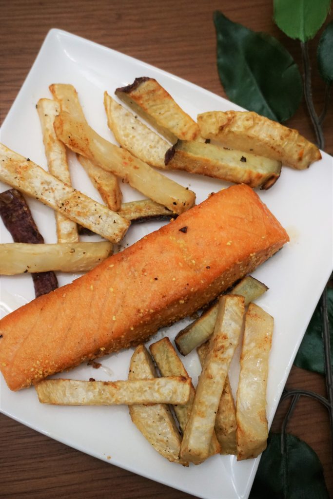 Salmon and Sweet potato fries on a plate