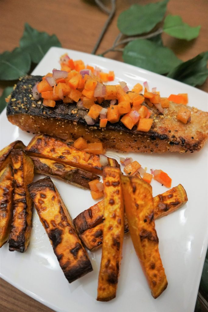 salmon and sweet potato fries with persimmon salsa