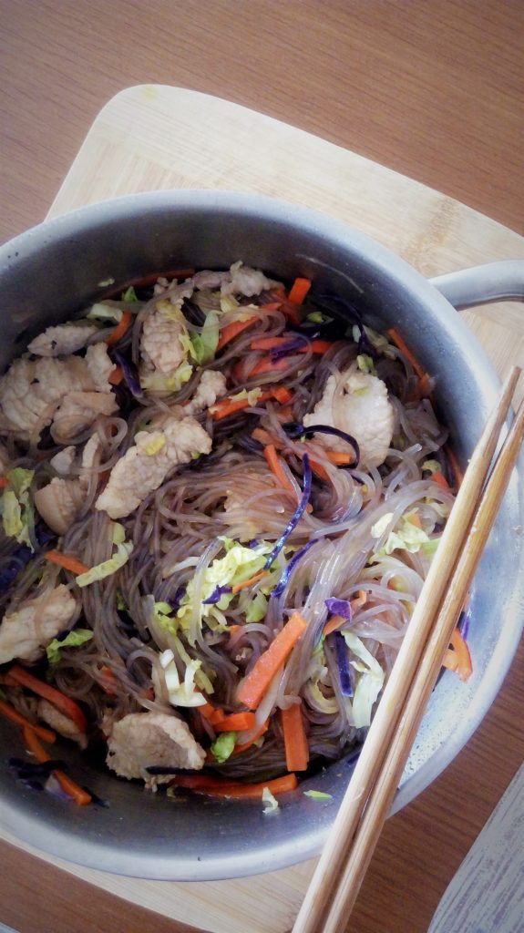Japchae with pork belly stir fry pieces
