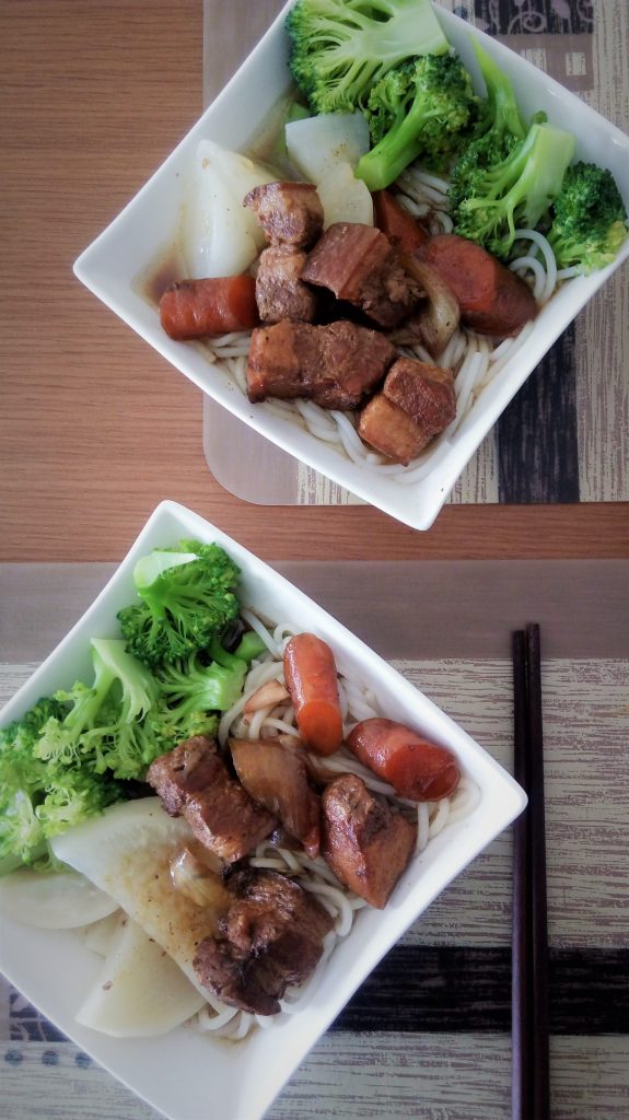 Taiwanese five spice stewed pork belly on rice noodle