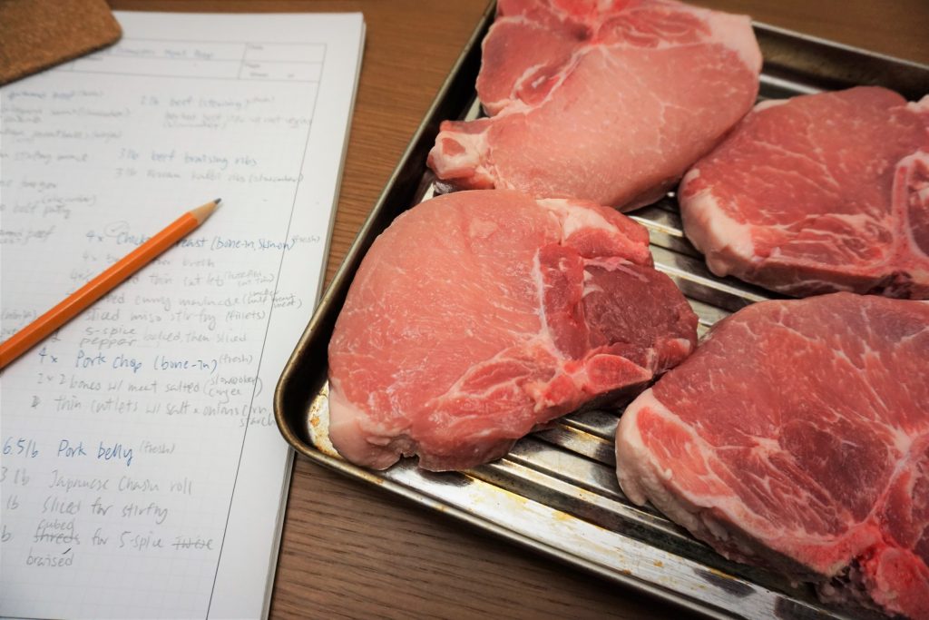 Meat prep plan and 4 bone-in pork chops in a tray