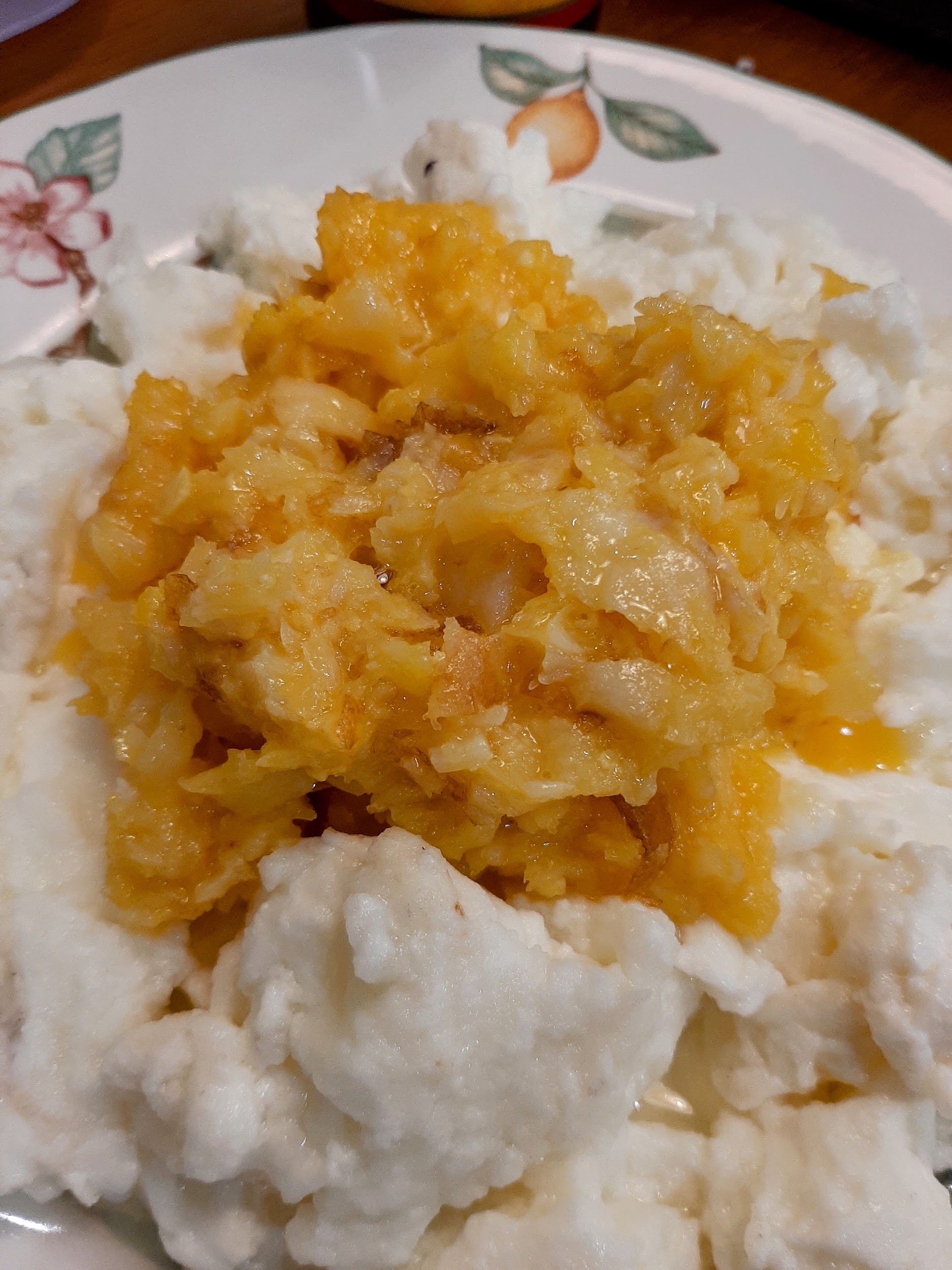 Top view of Egg yok fish mixture over fluffy egg whites